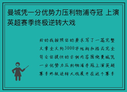 曼城凭一分优势力压利物浦夺冠 上演英超赛季终极逆转大戏